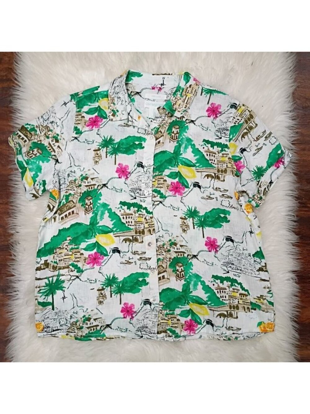 Cynthia Rowley Amalfi Coast Linen Shirt S Resortwear Coastal GreenWhite - Picture 4 of 9